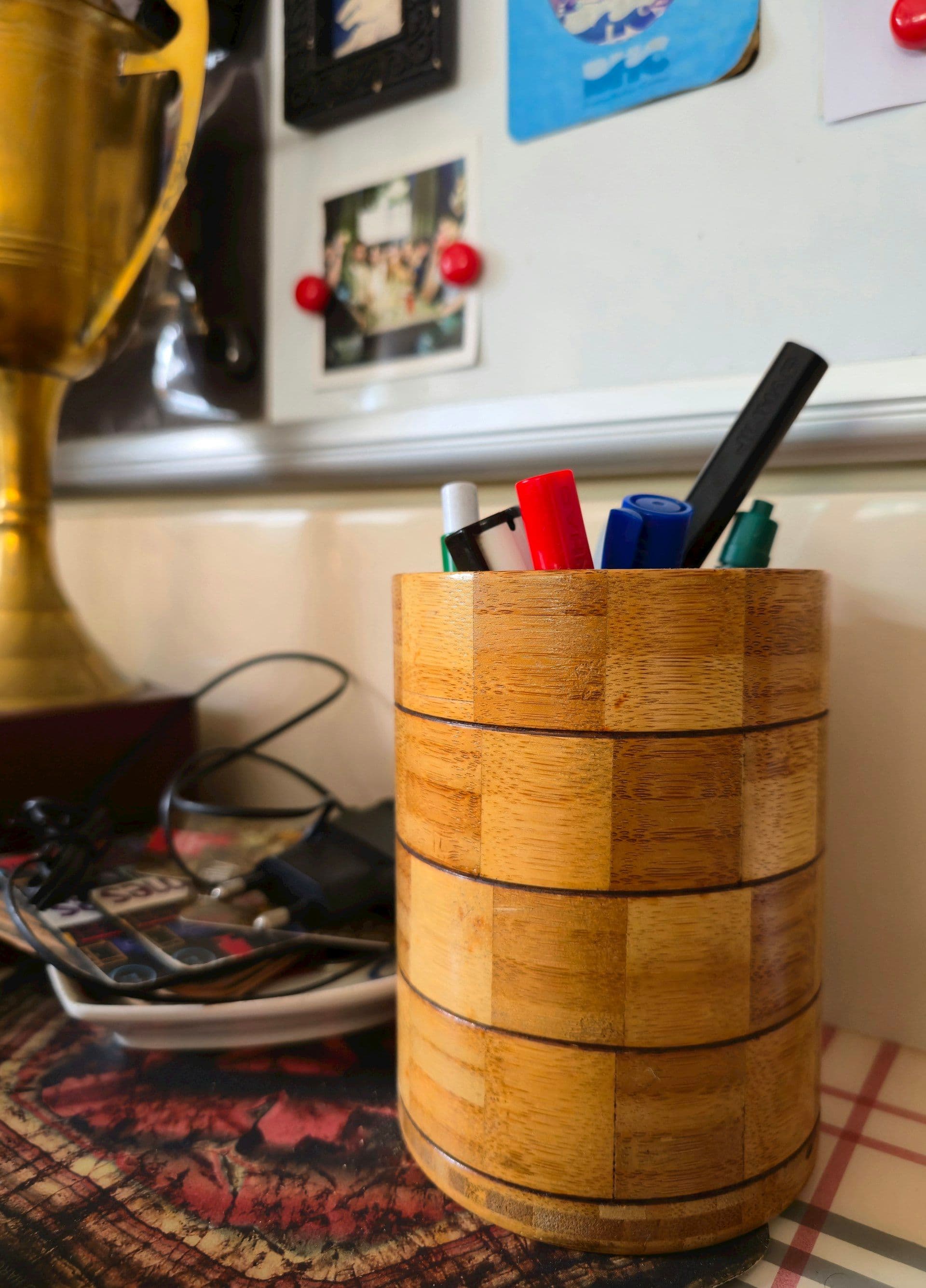 Office supplies and pens on a desk