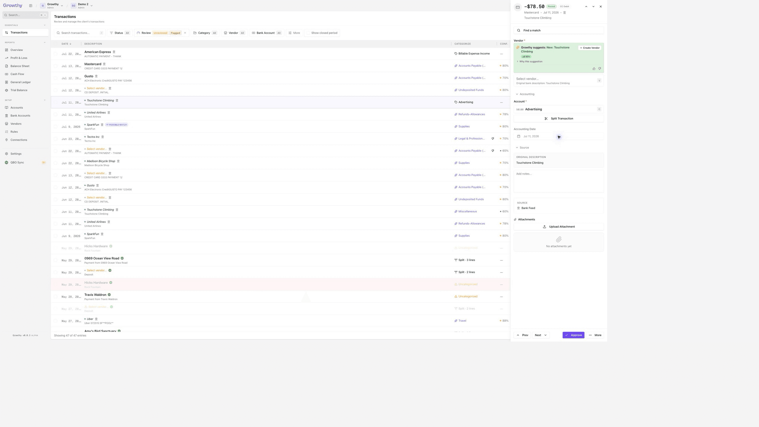 Growthy transaction drawer showing a bookkeeper correcting the account for a synthetic transaction