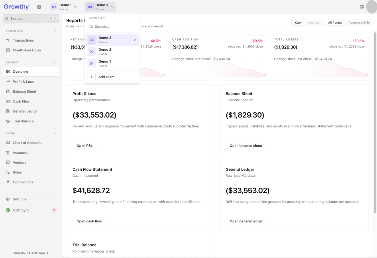 Growthy header client switcher open with the Add client option