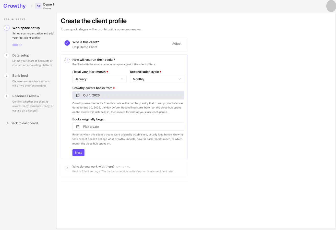 Growthy Create the client profile step asking who the client is, how you will run their books, and who you work with