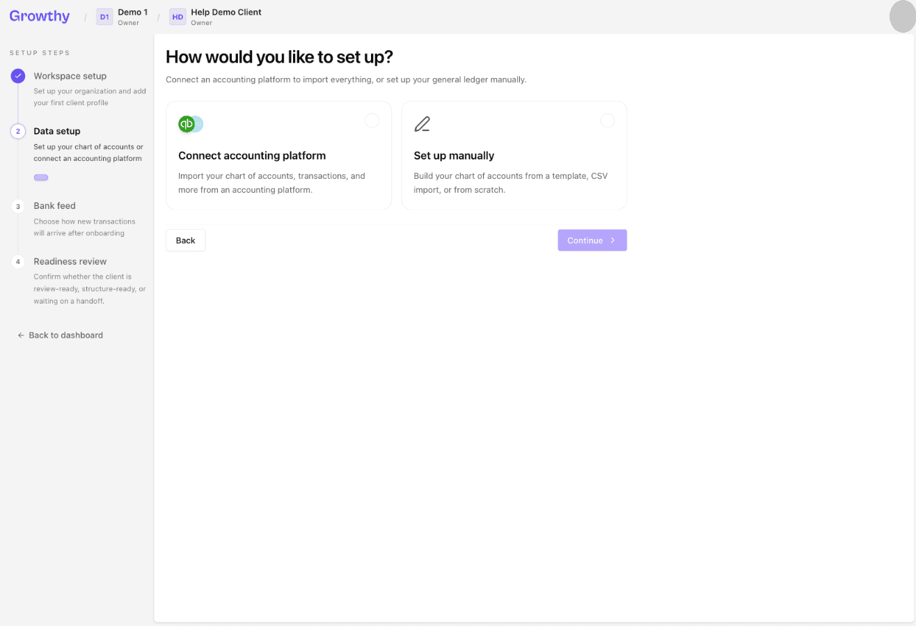 Growthy data setup step with Connect accounting platform and Set up manually options