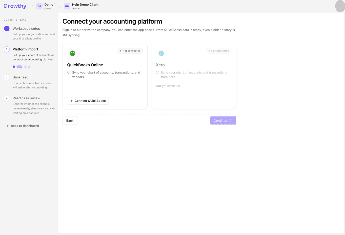Growthy Connect your accounting platform step with the Connect QuickBooks button