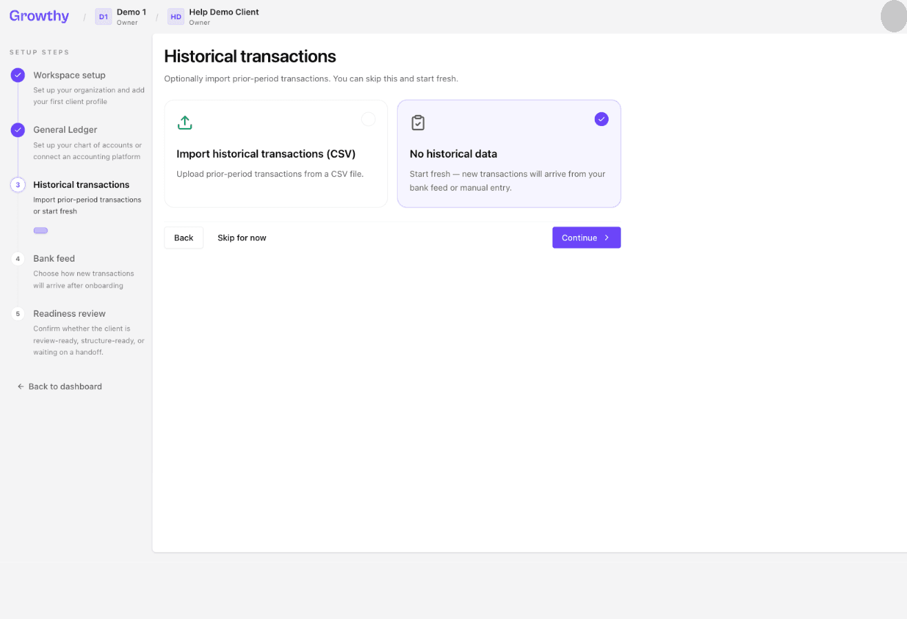 Growthy Historical transactions step with No historical data selected