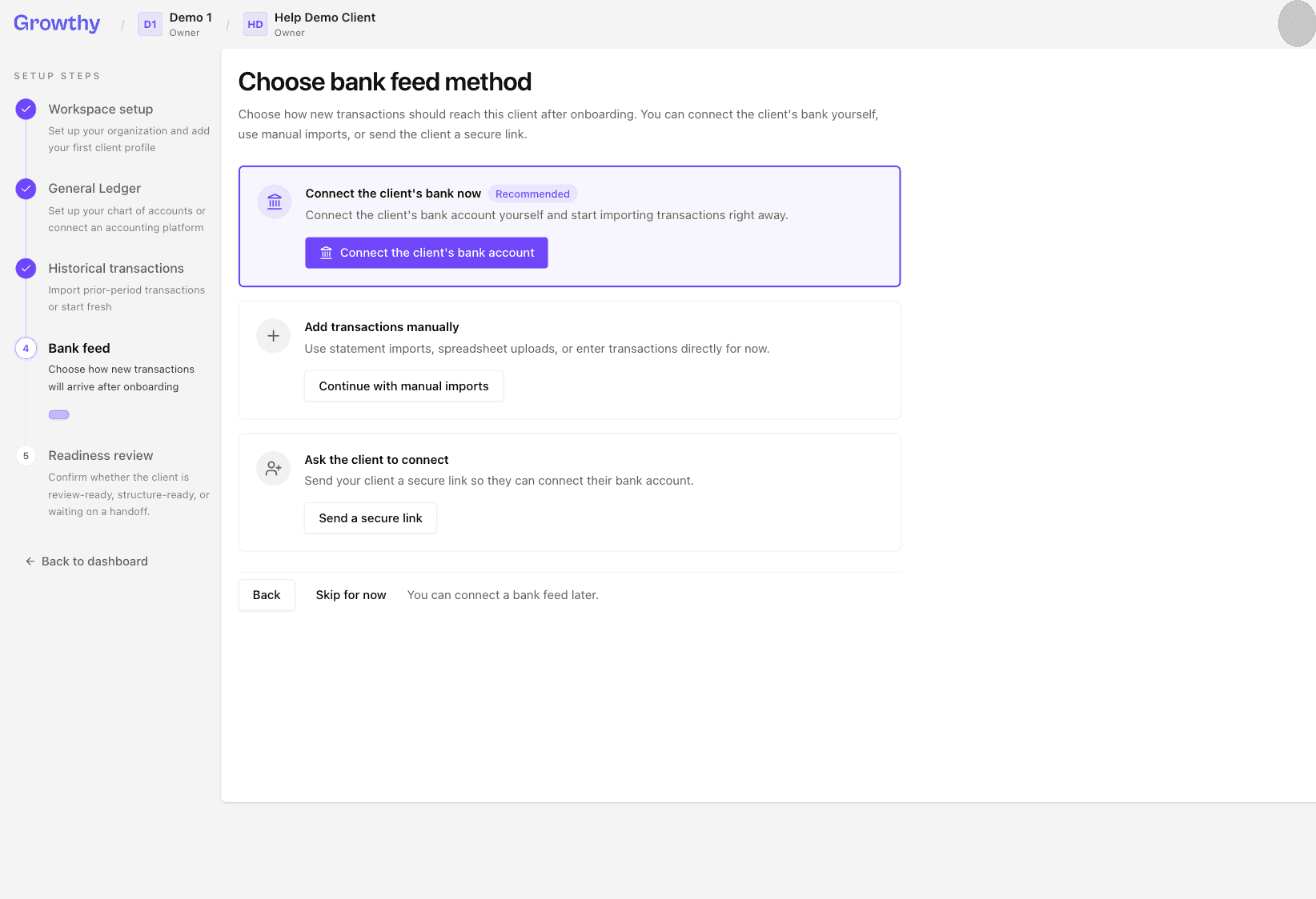 Growthy Choose bank feed method step with bank feed options and Skip for now