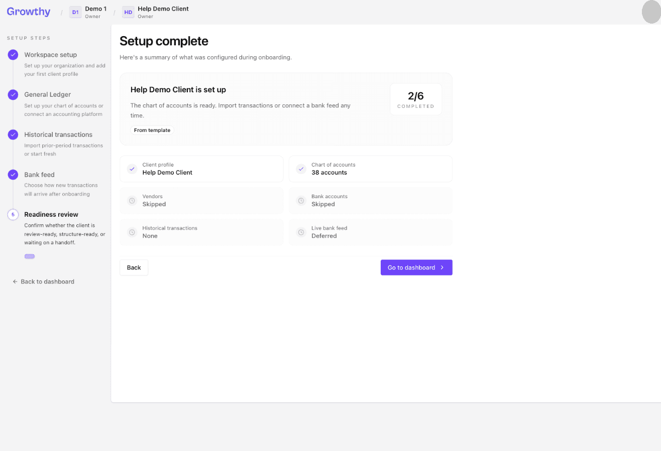 Growthy Setup complete summary showing what was configured for the new client