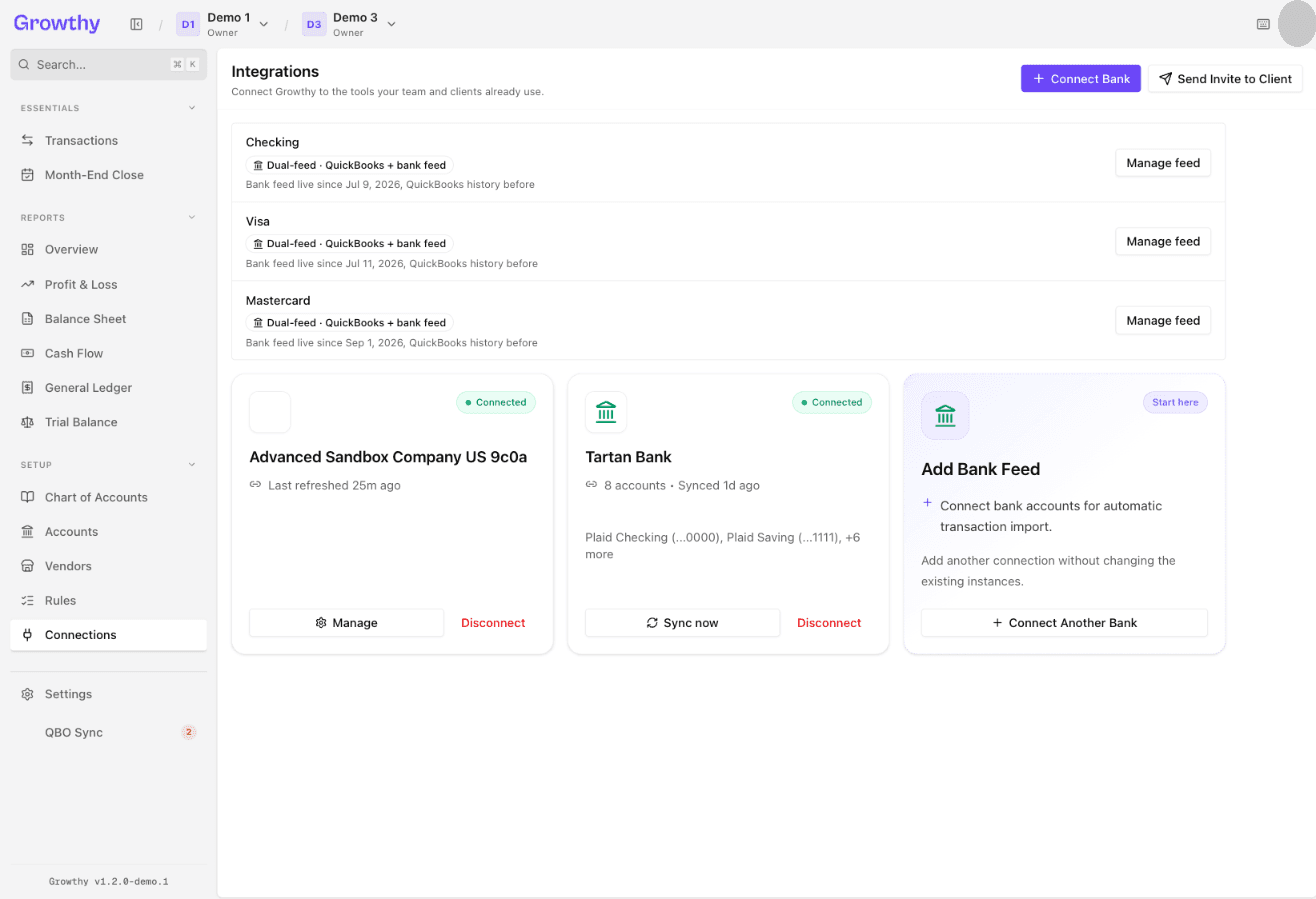 Growthy Connections page showing the connected QuickBooks company card