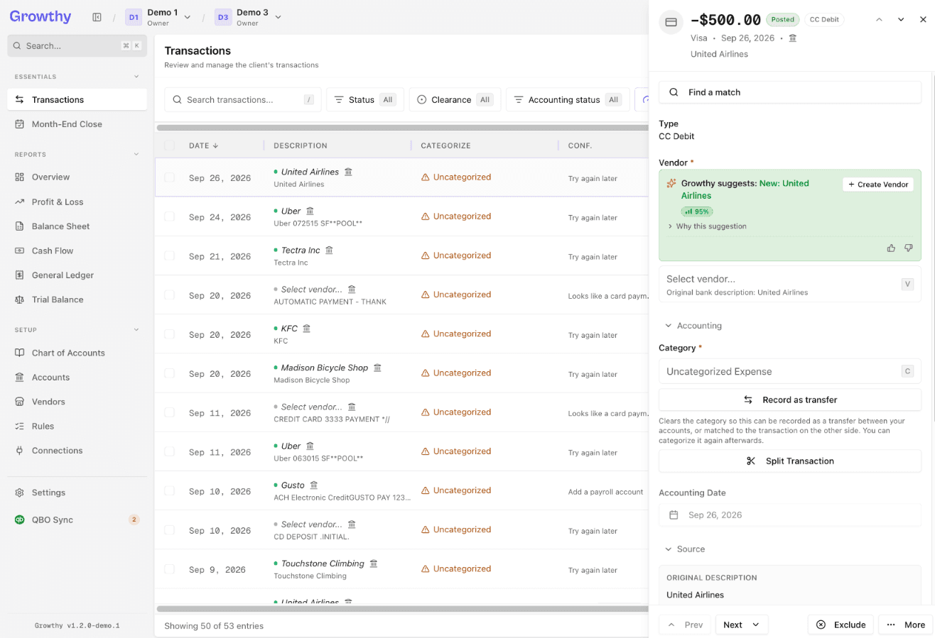 Growthy transaction details panel with the Vendor and Category fields