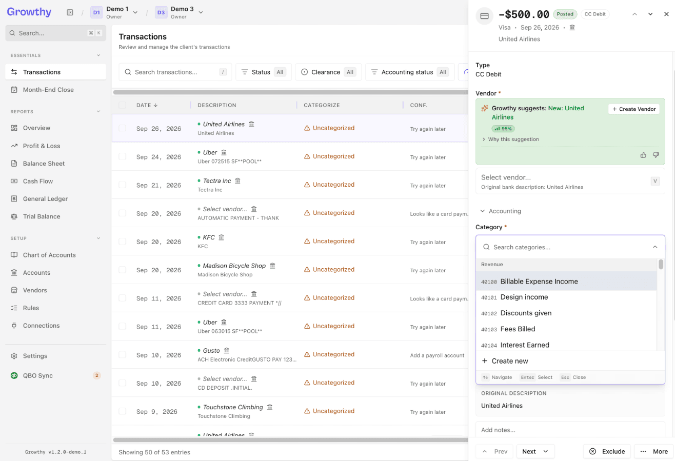 Growthy transaction details panel with the Category picker open, showing a searchable list of accounts
