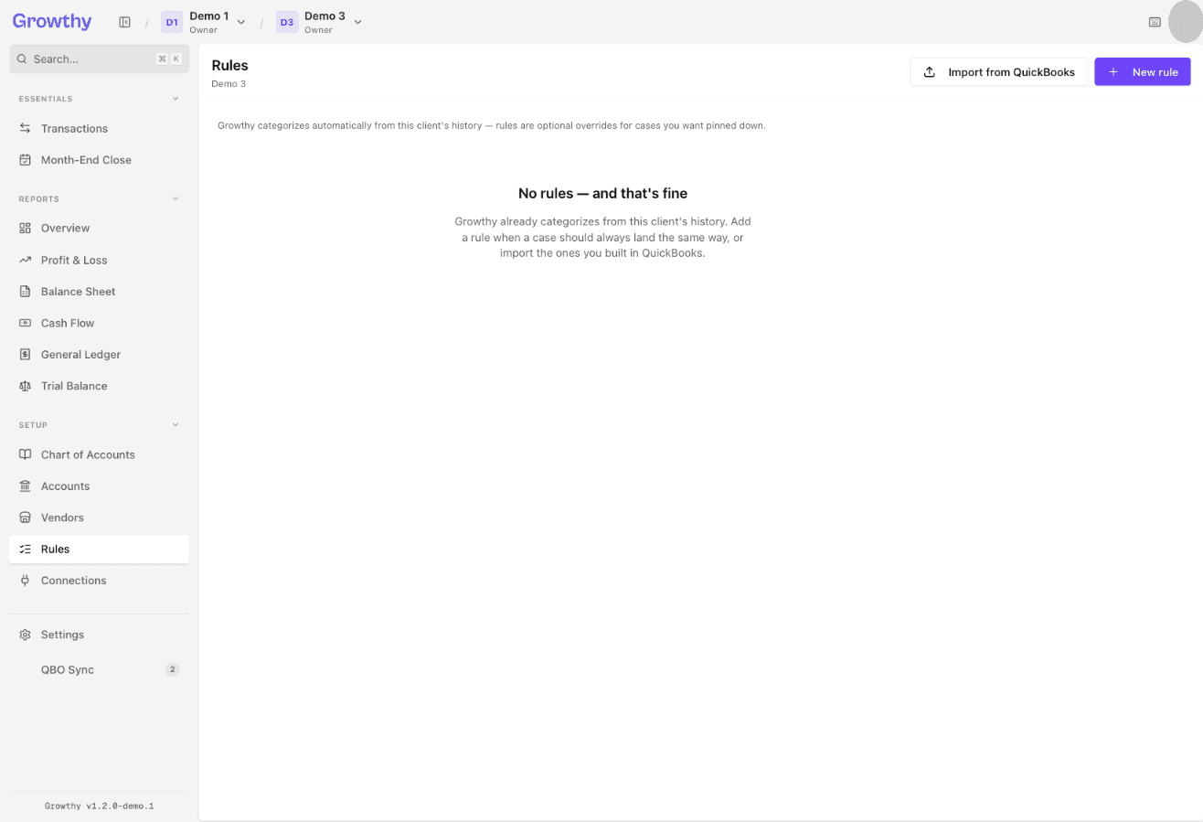 Growthy Rules page with the New rule and Import from QuickBooks buttons