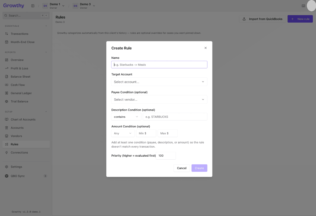 Growthy Create Rule dialog with Name, Target Account, condition and Priority fields