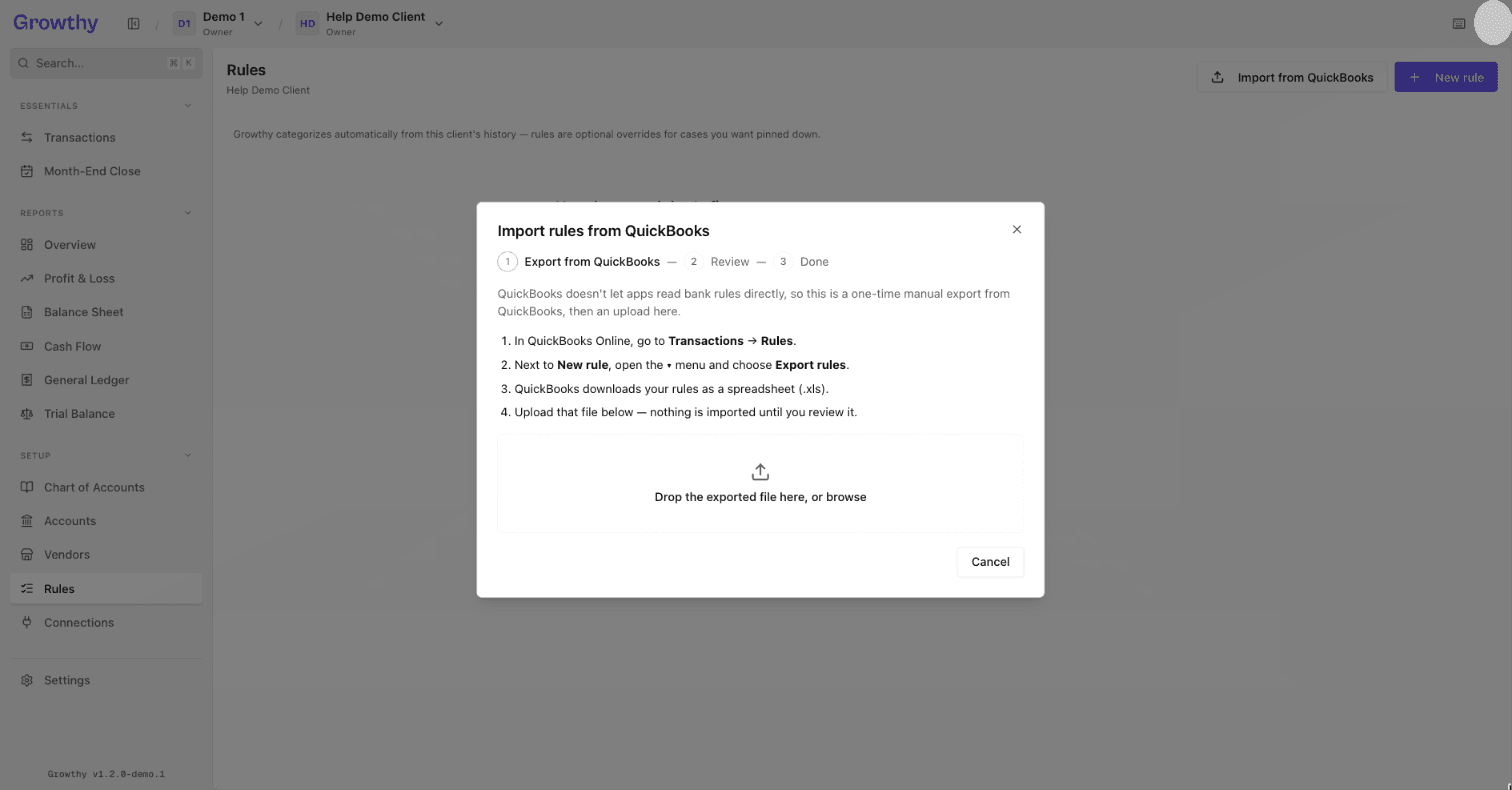 Growthy Import rules from QuickBooks dialog with steps to export rules from QuickBooks and an upload area
