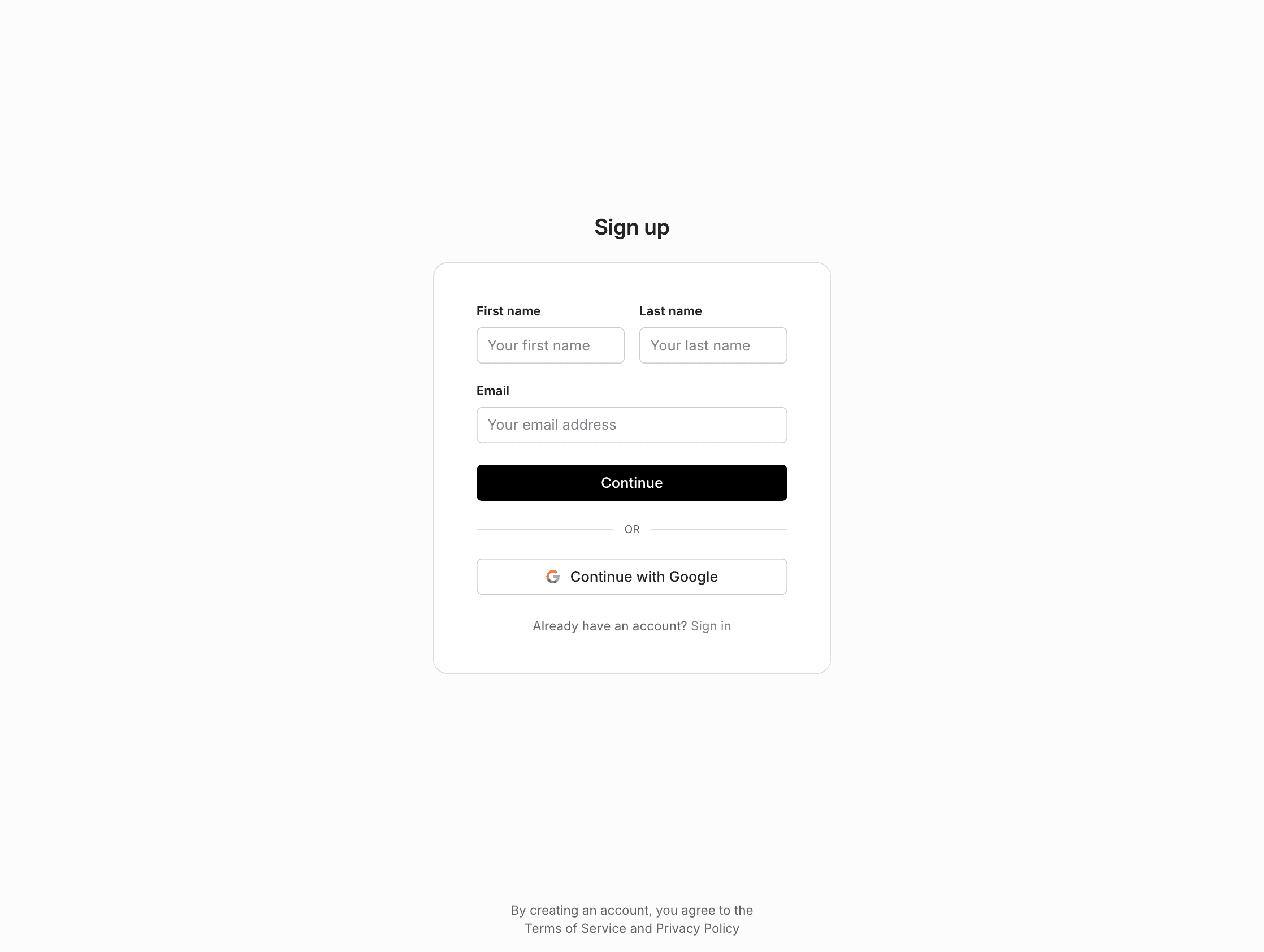 Growthy sign-up form with name, email, Continue, and Continue with Google options