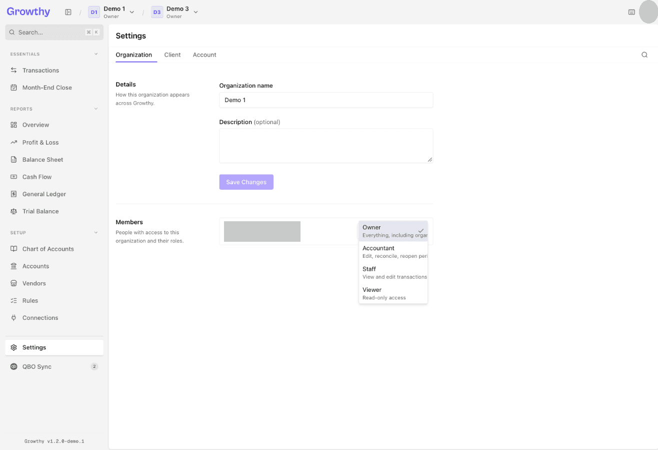 Growthy Settings Members section with a member's role picker open showing Owner, Accountant, Staff and Viewer