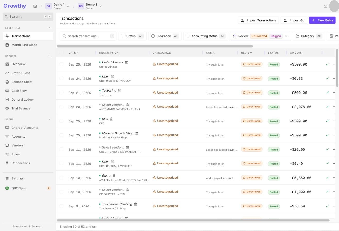 Growthy Transactions list filtered to unreviewed and flagged transactions, with a review status on each row