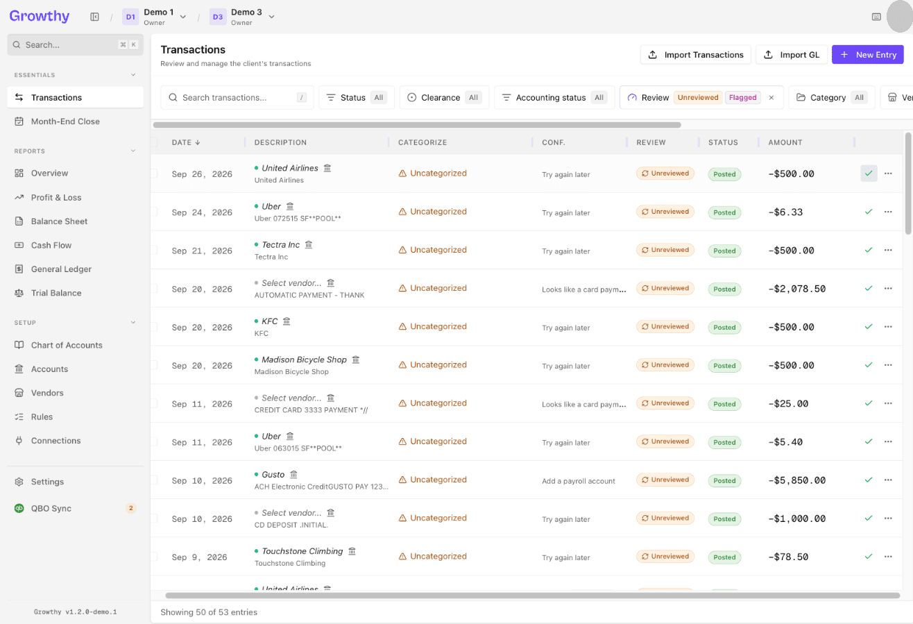Growthy Transactions list with the Approve check icon highlighted at the end of a transaction row