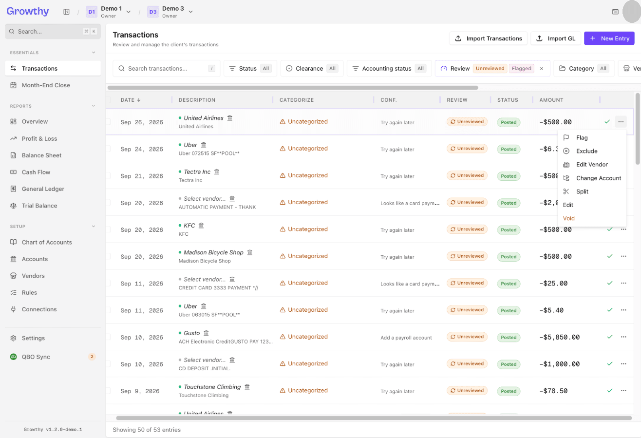 Growthy Transactions list with a row menu open showing Flag and Exclude