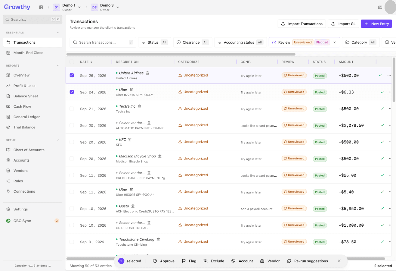 Growthy Transactions list with two rows selected and the bulk action bar showing Approve, Flag and Exclude