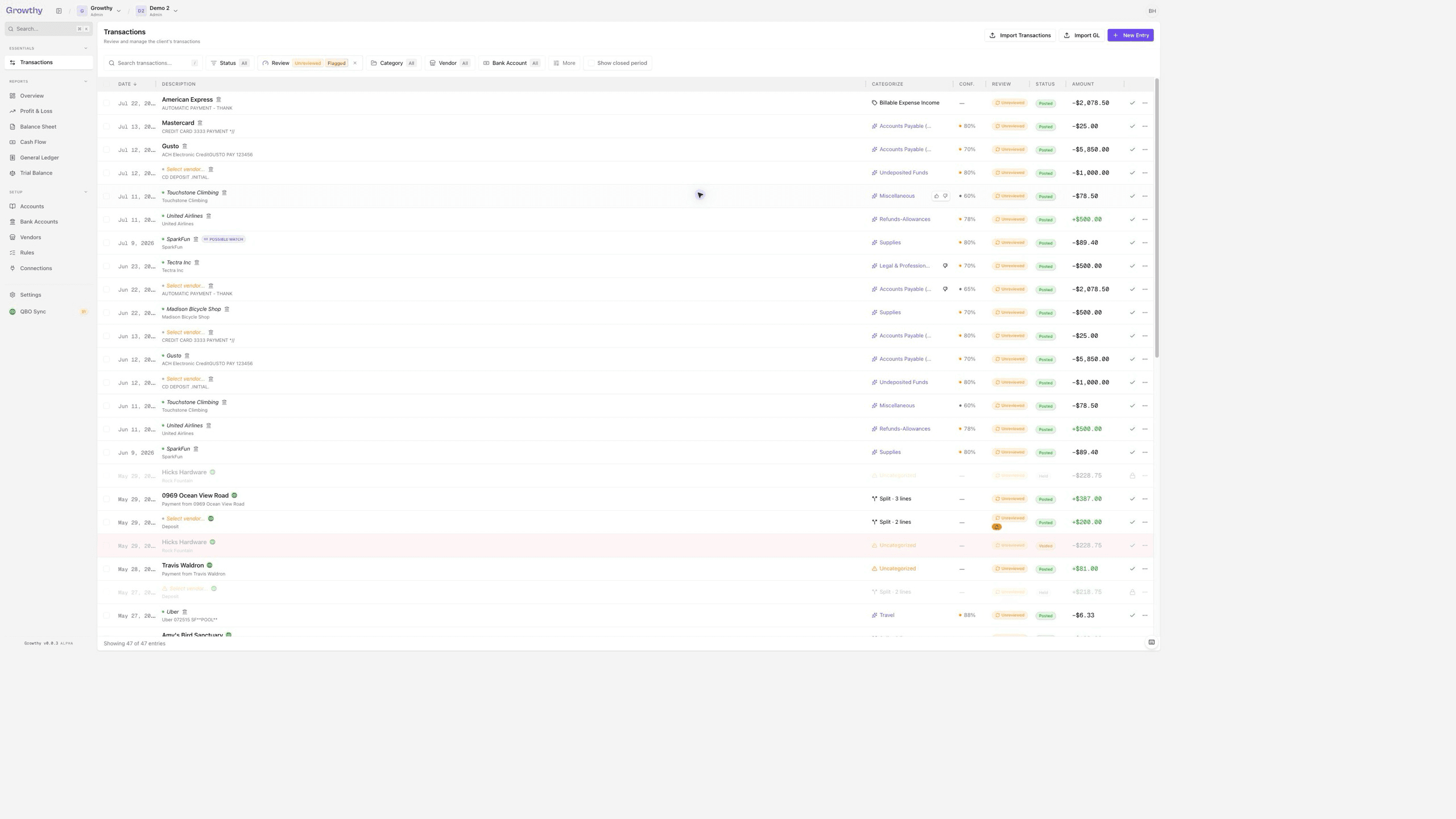 Growthy Transactions workspace showing synthetic month-end entries waiting for review